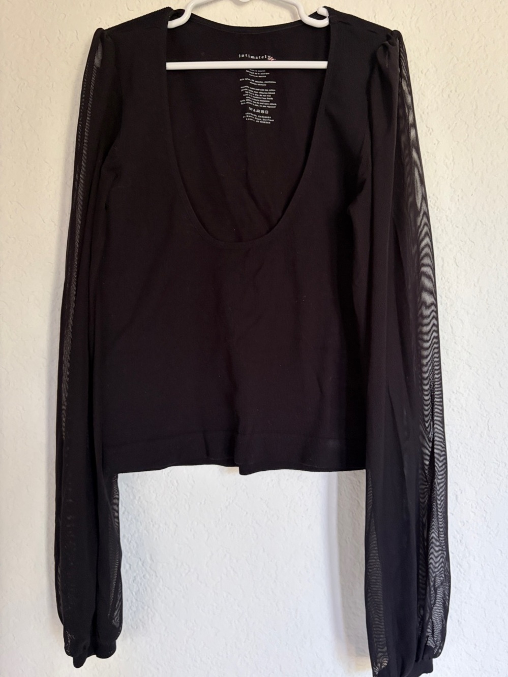 Intimately Free People Black Scoop Neck Long Sleeve Top with Mesh Sleeves